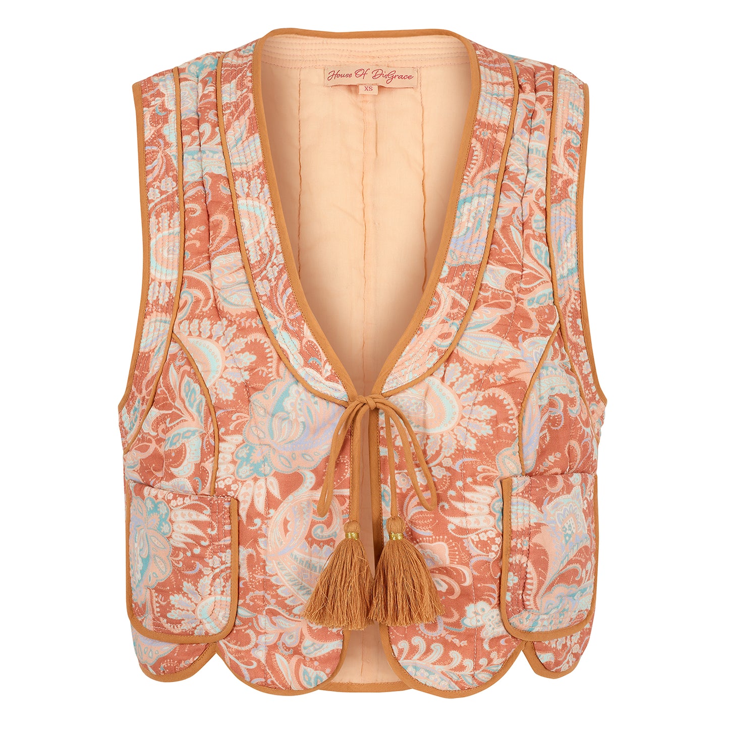 Quilted Penny waistcoat in new summer paisley print with tie front