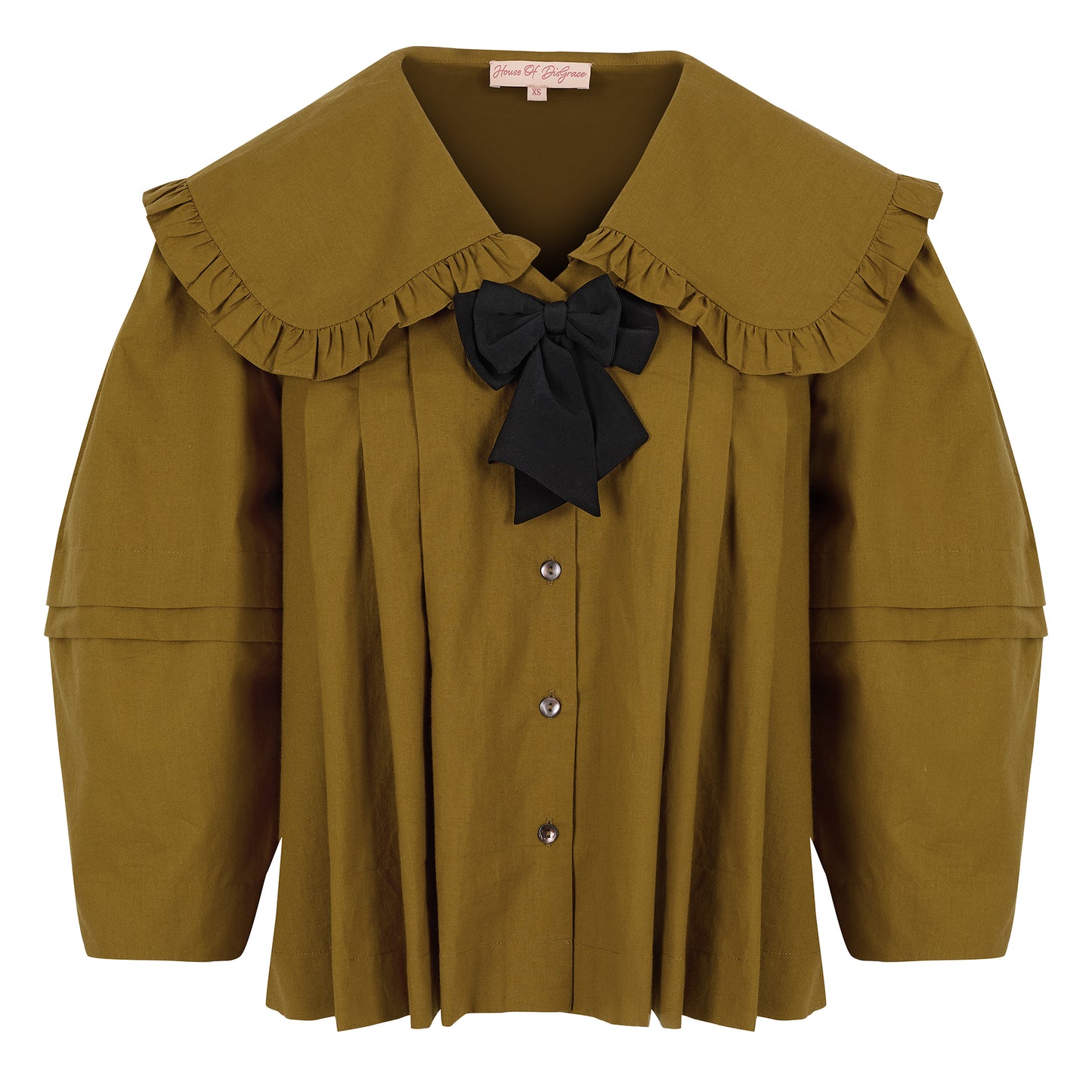 Lila blouse in olive cotton with big peter pan collar and black detachable bow