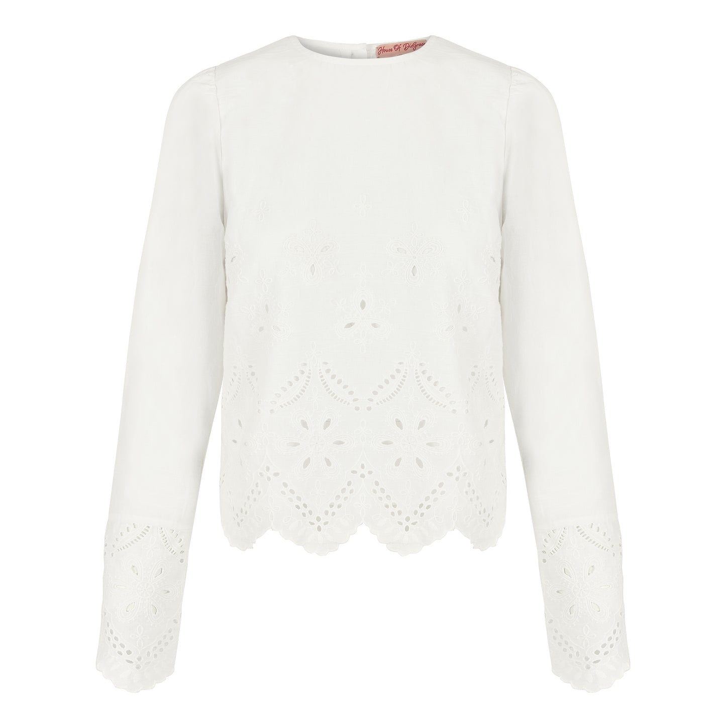 Cecile blouse in white cotton voile with broderie anglaise