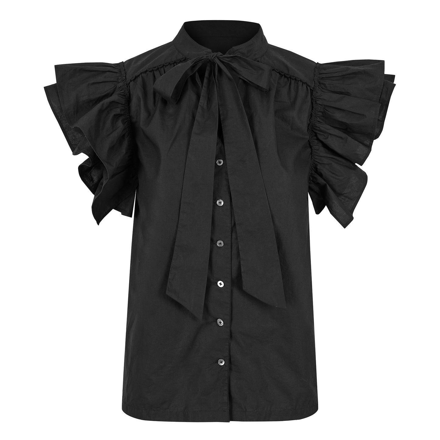 Mia frill blouse in plain black cotton lawn with frill sleeves and tie neck.