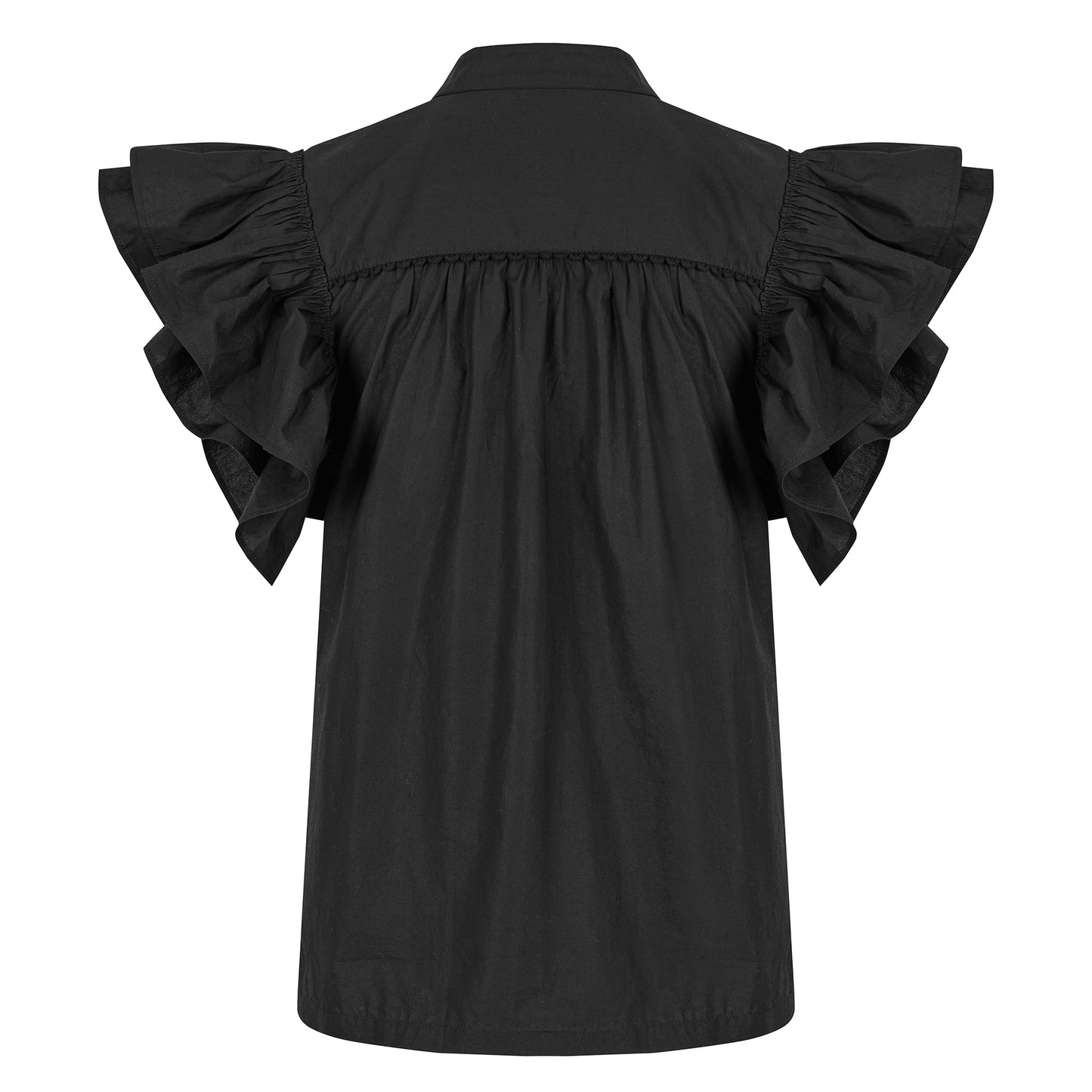 Mia frill blouse in plain black cotton lawn with frill sleeves and tie neck.