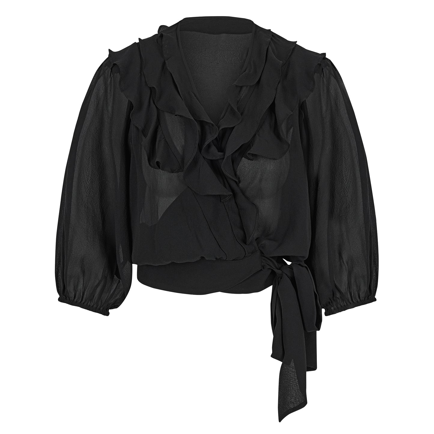Phoebe blouse in black viscose georgette with wrap front and ruffles.