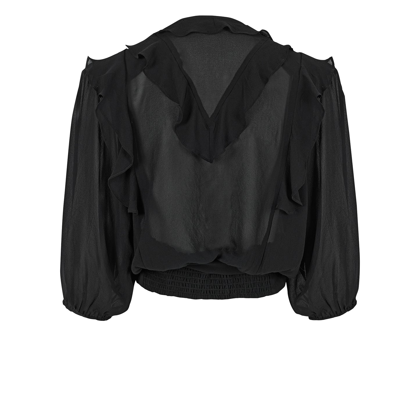 Phoebe blouse in black viscose georgette with wrap front and ruffles.