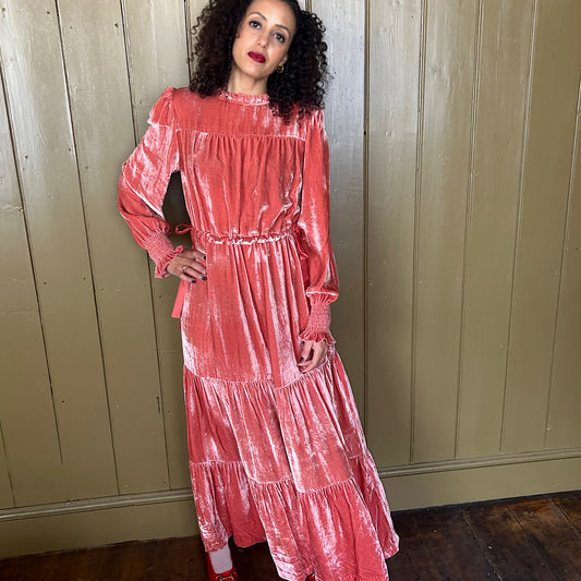 Abigail maxi dress in silk velvet in Coral pink with silk drawstring waist