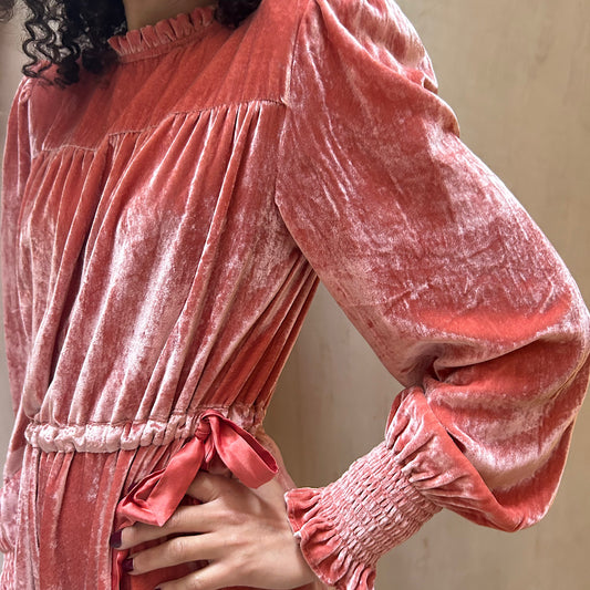 Abigail maxi dress in silk velvet in Coral pink with silk drawstring waist