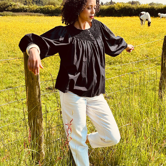 Hand smocked Sylvie Top in Black