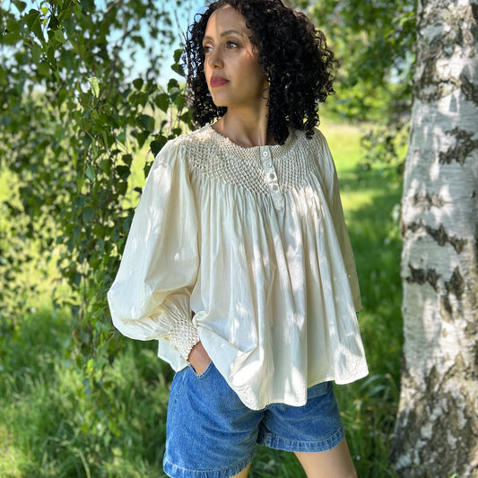 Hand smocked Sylvie Top in Ivory