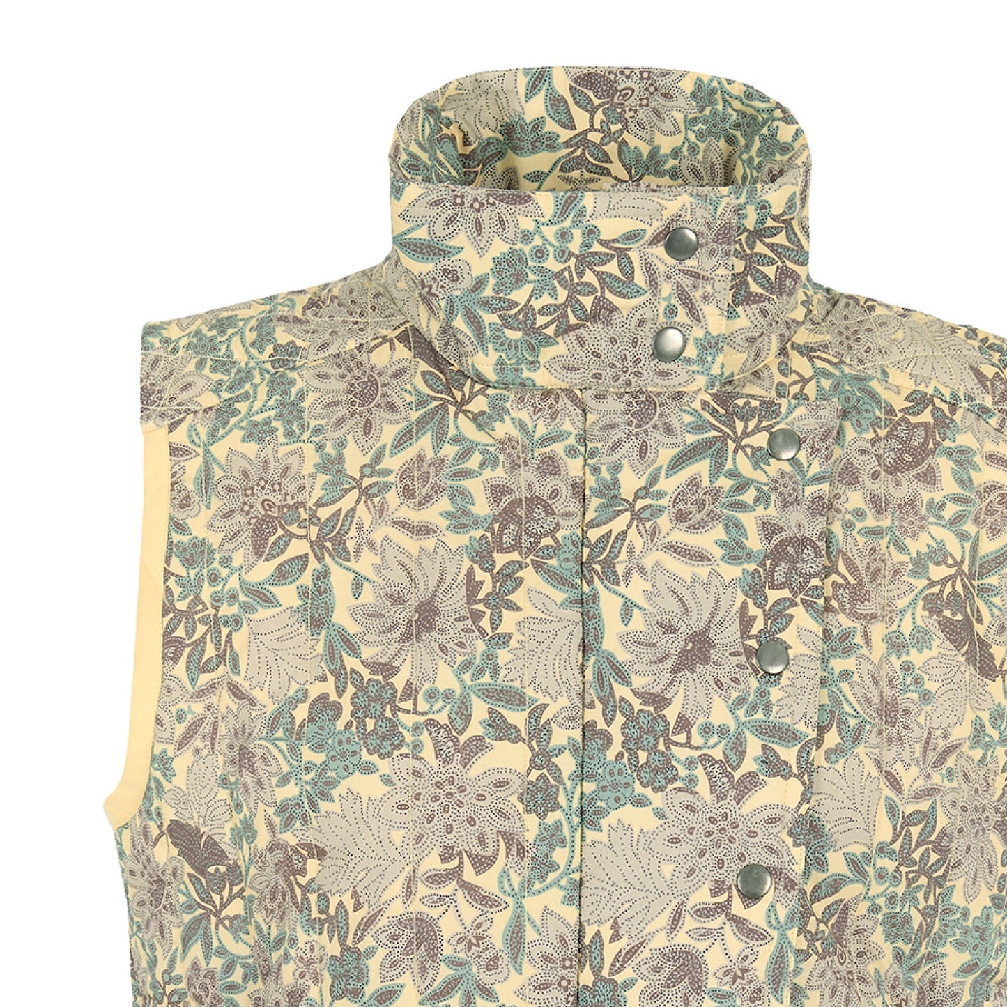 Quilted Frida sleeveless jacket in woodland floral print cotton lawn.