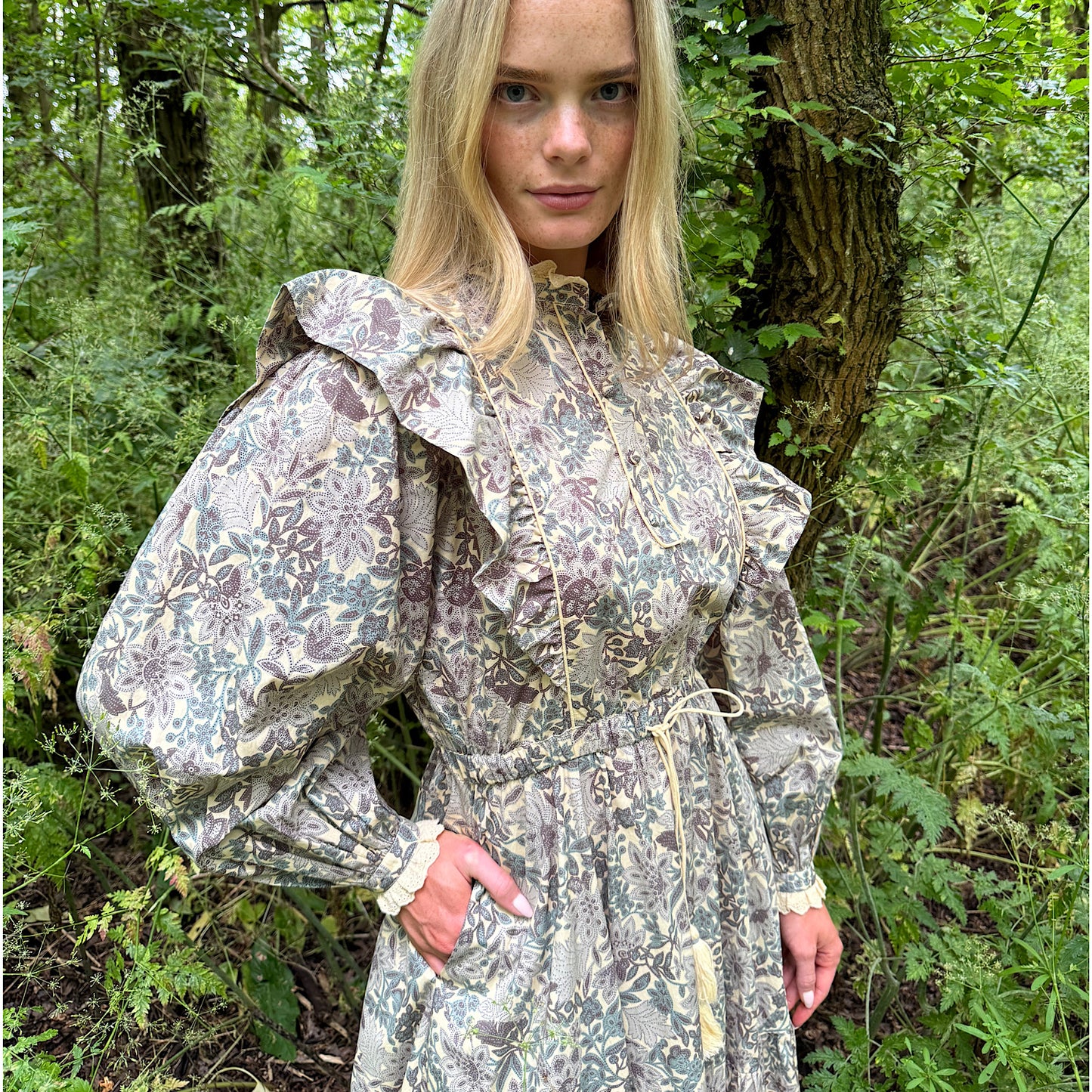 Freya Dress in woodland floral printed cotton lawn