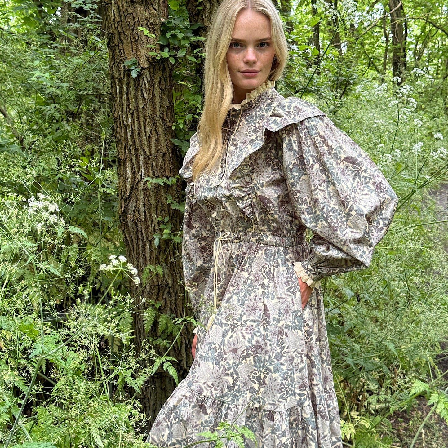 Freya Dress in woodland floral printed cotton lawn