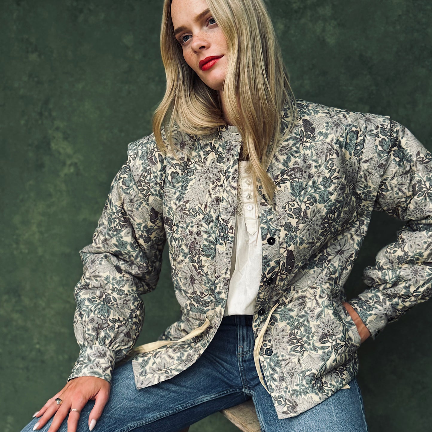 Patti quilted jacket in woodland floral print in soft cotton lawn.