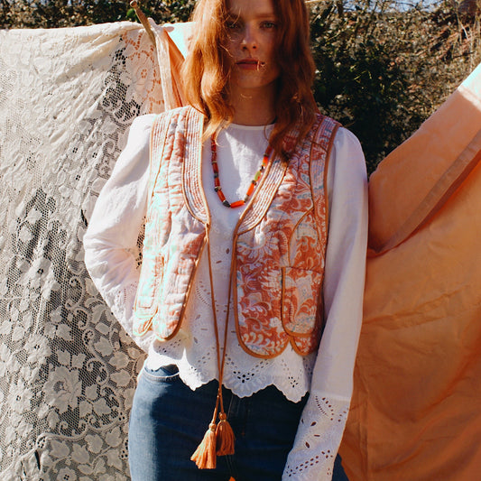 Quilted Penny waistcoat in new summer paisley print with tie front