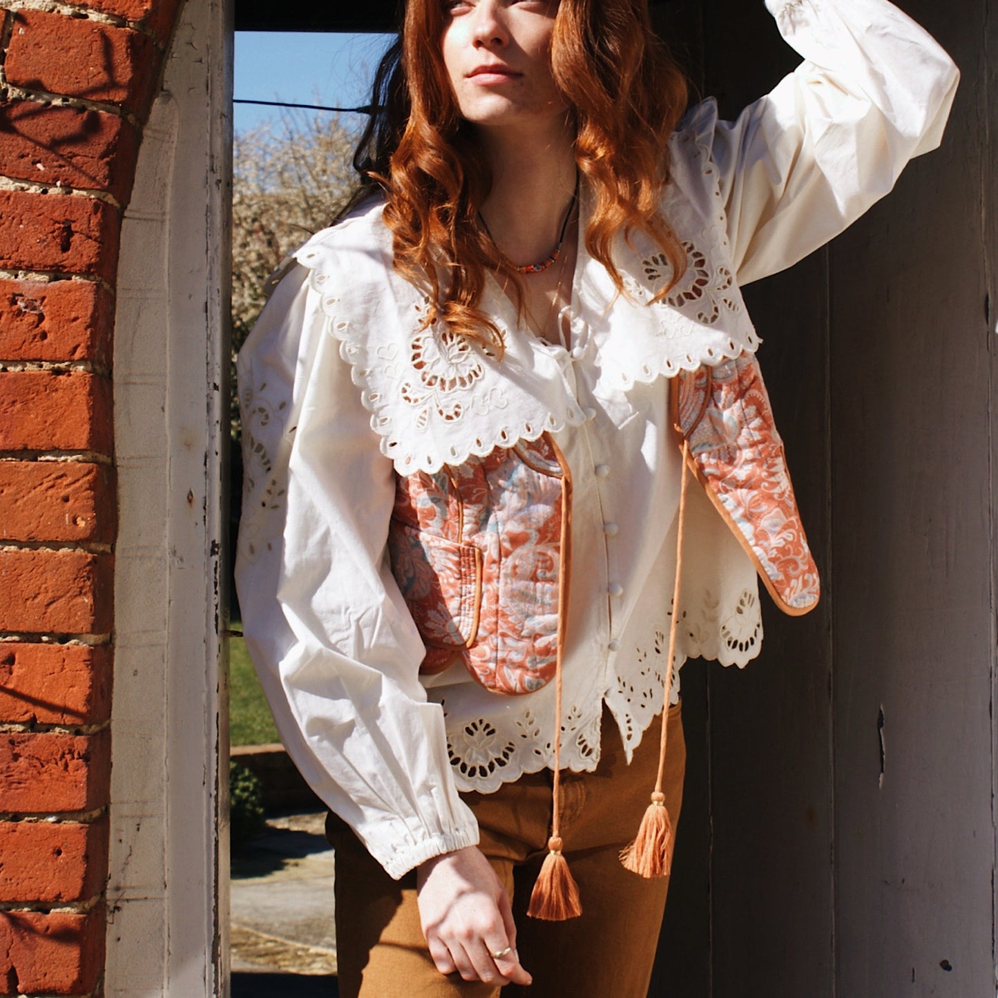 Quilted Penny waistcoat in new summer paisley print with tie front