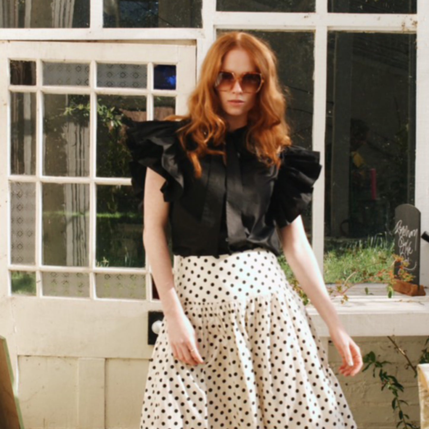 Emily spot skirt in ivory cotton lawn with black polka dot print