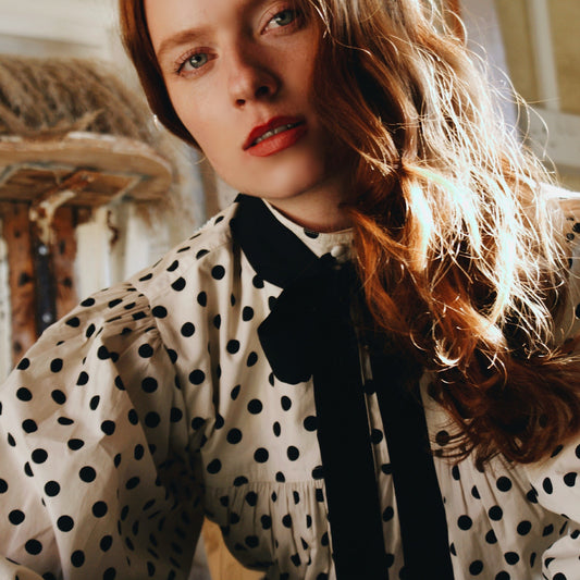 Dulcie blouse in ivory cotton lawn with black polka dot print