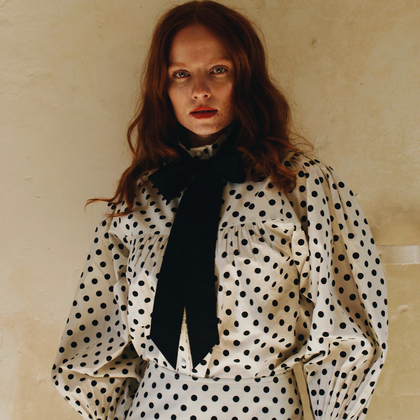 Dulcie blouse in ivory cotton lawn with black polka dot print