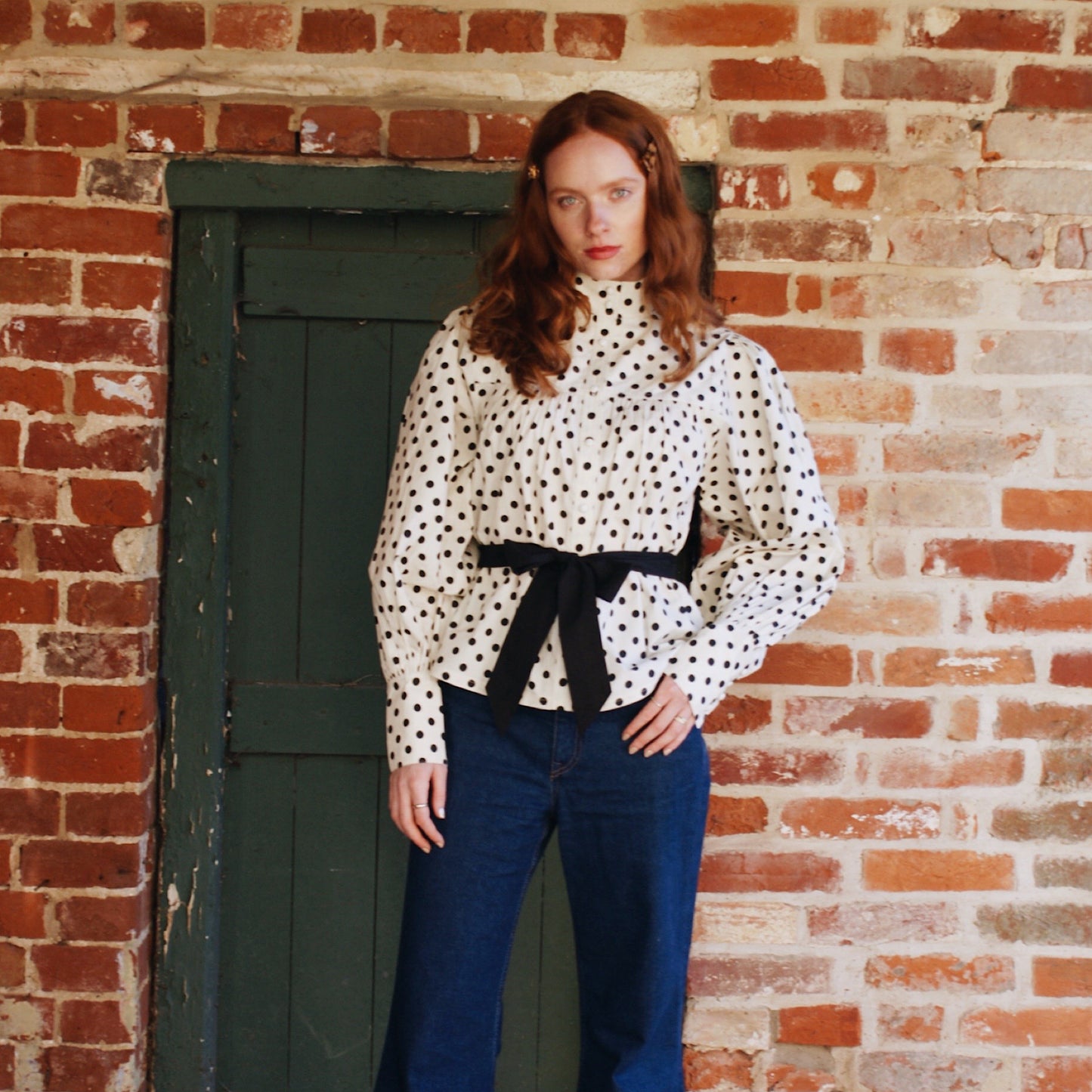 Dulcie blouse in ivory cotton lawn with black polka dot print