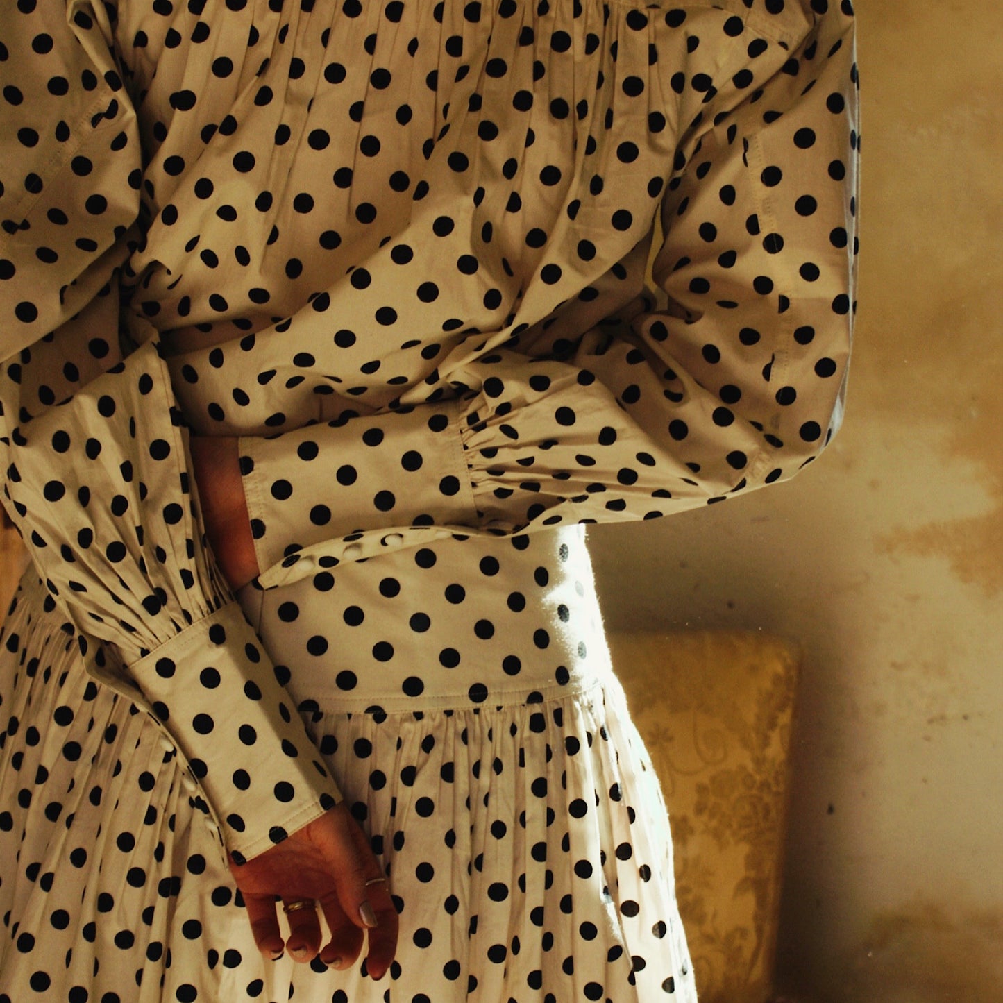 Dulcie blouse in ivory cotton lawn with black polka dot print