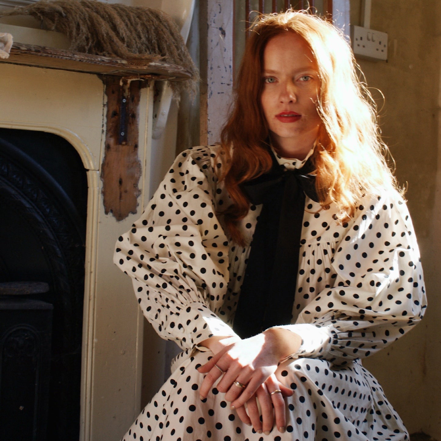 Dulcie blouse in ivory cotton lawn with black polka dot print