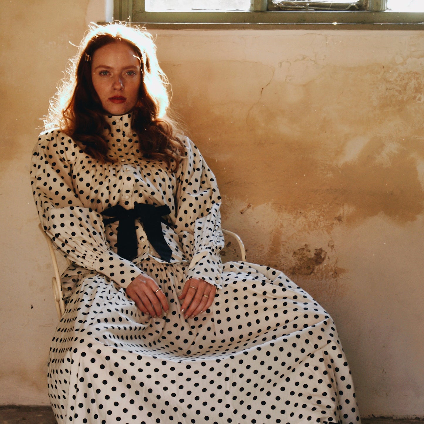 Emily spot skirt in ivory cotton lawn with black polka dot print