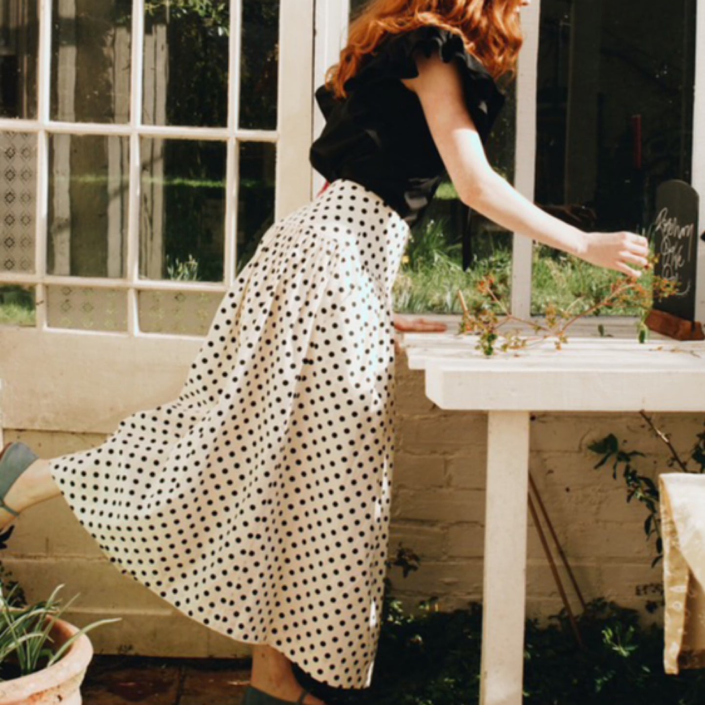 Emily spot skirt in ivory cotton lawn with black polka dot print