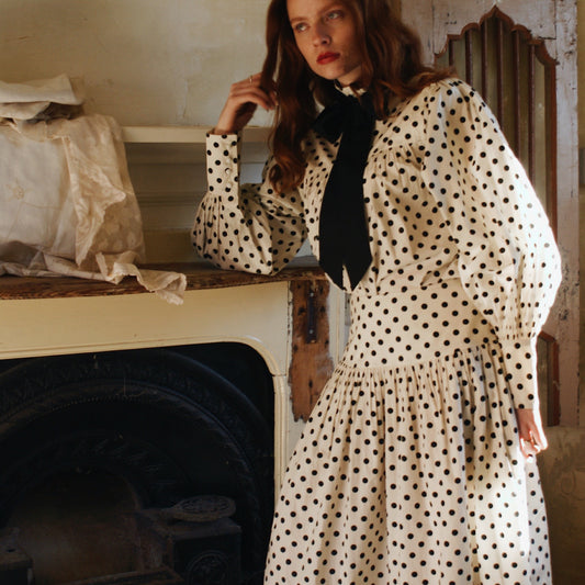 Emily spot skirt in ivory cotton lawn with black polka dot print