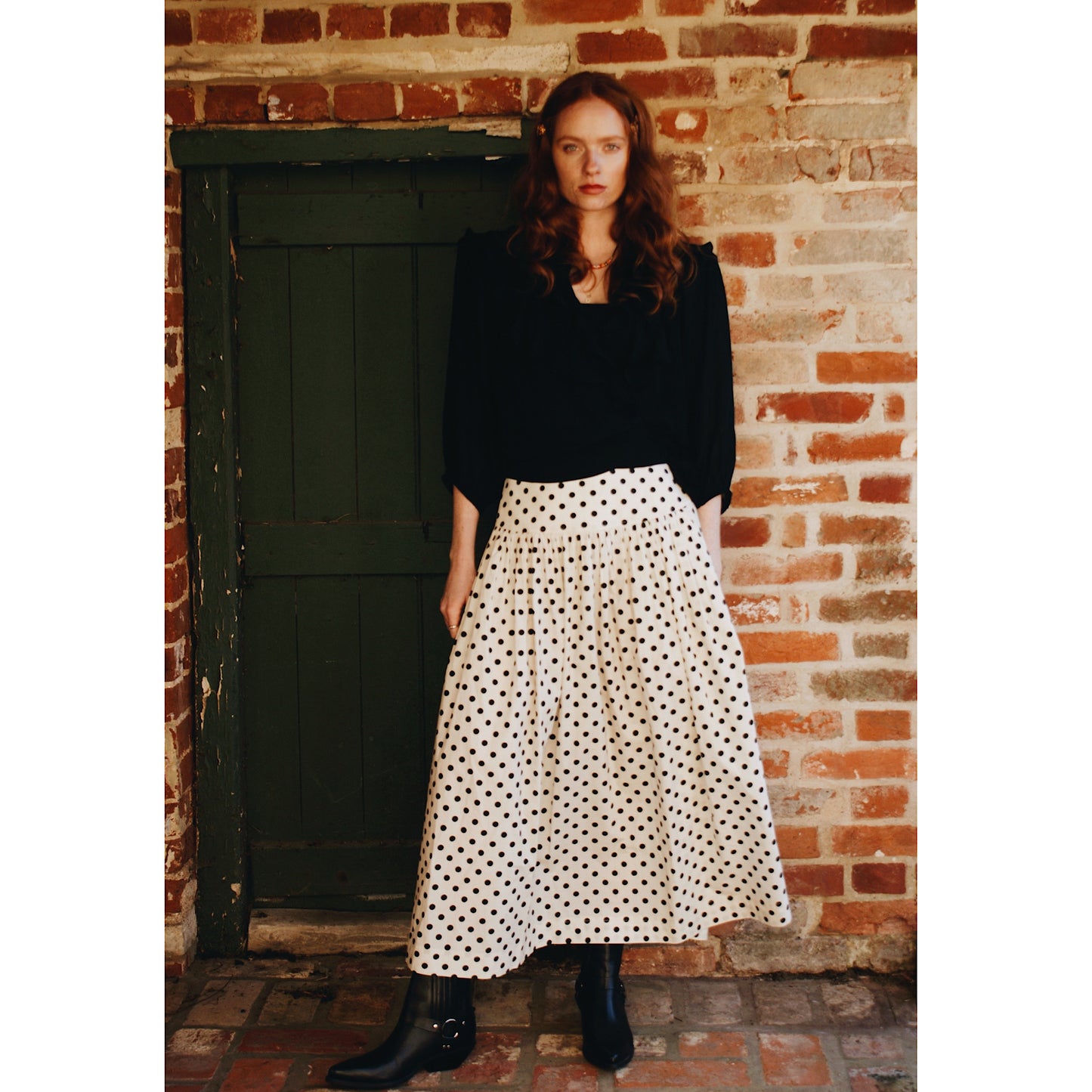 Emily spot skirt in ivory cotton lawn with black polka dot print