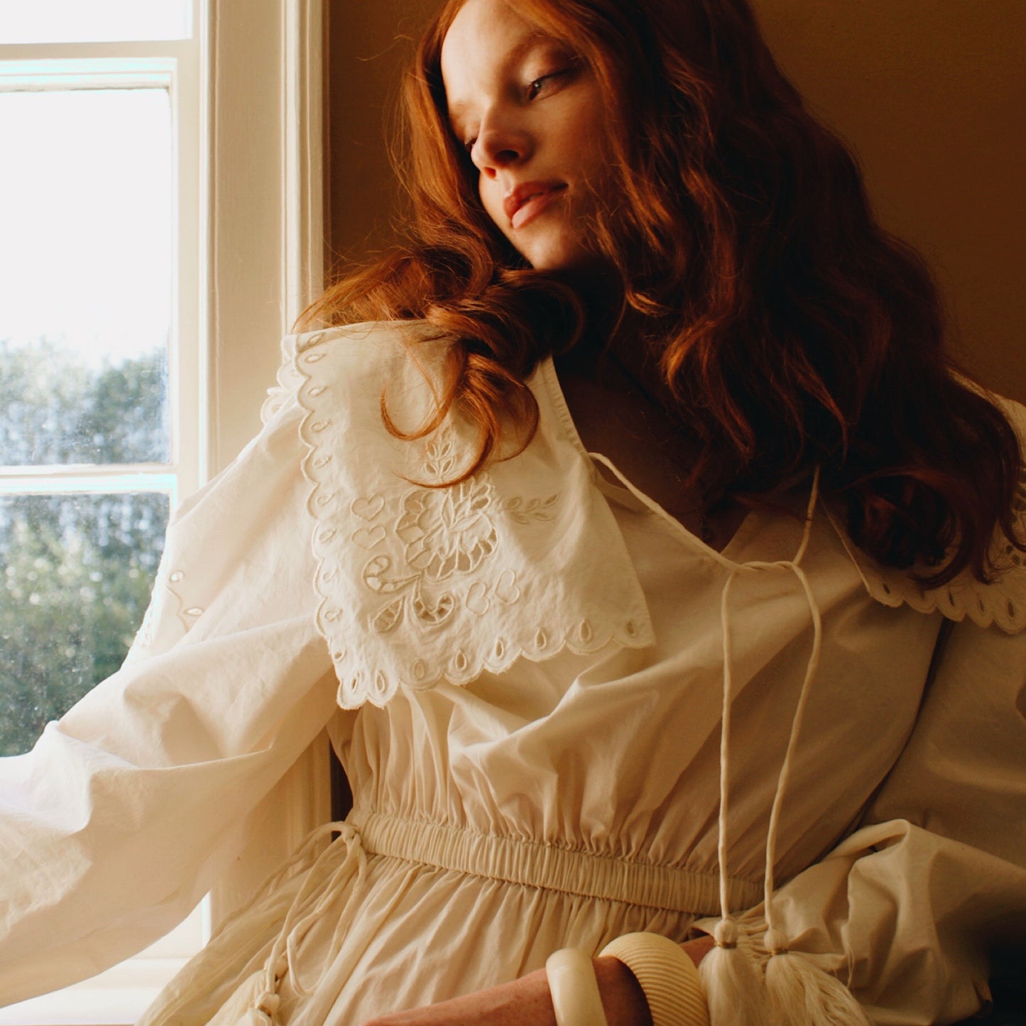 Sienna dress with cutwork embroidery in ivory cotton lawn