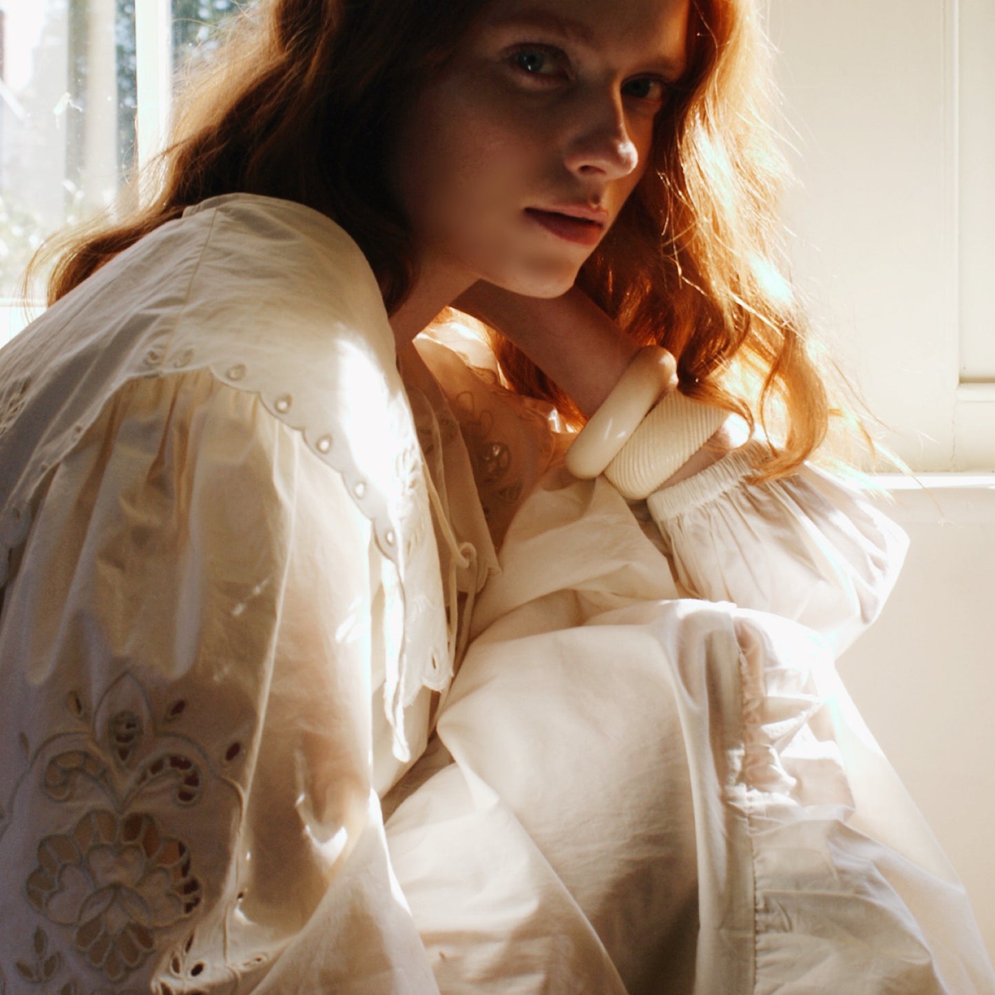 Sienna dress with cutwork embroidery in ivory cotton lawn