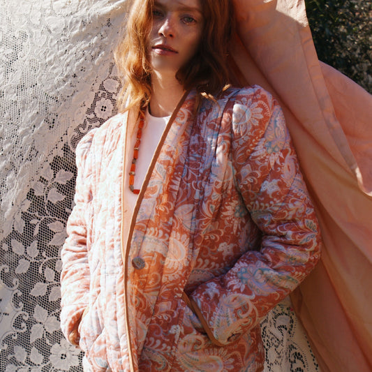 Quilted Harper jacket in our new Summer paisley print with contrast binding