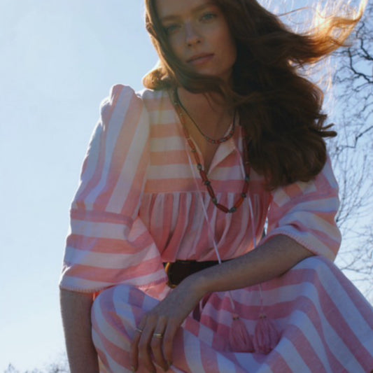 Margot dress in candy striped cotton with angel sleeves and tie belt.