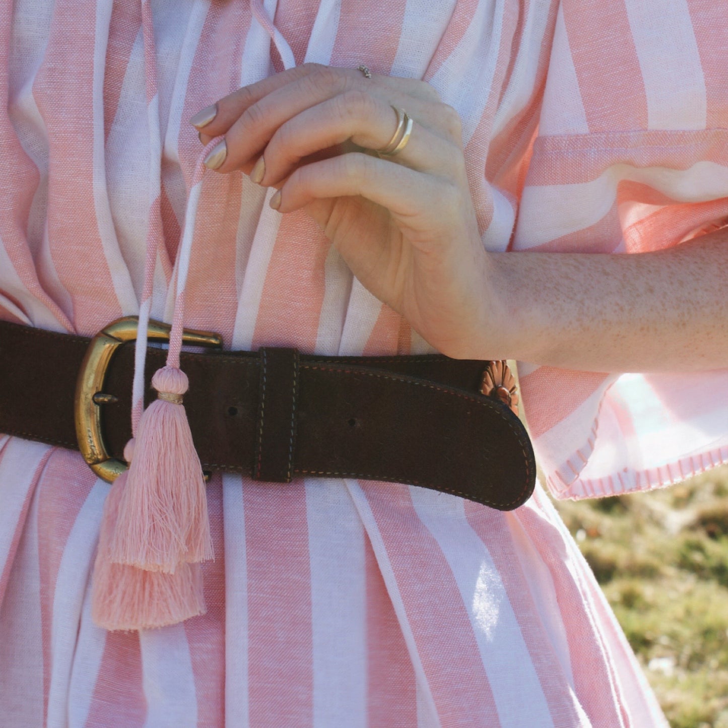 Margot dress in candy striped cotton with angel sleeves and tie belt.