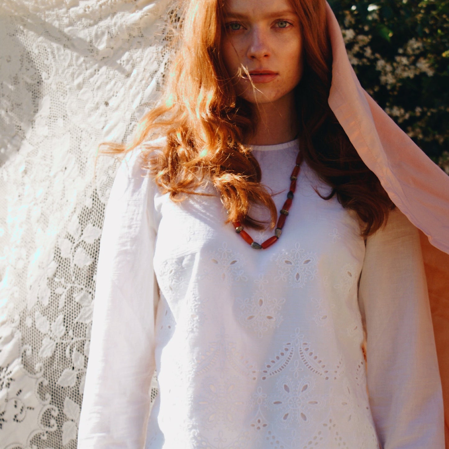 Cecile blouse in white cotton voile with broderie anglaise