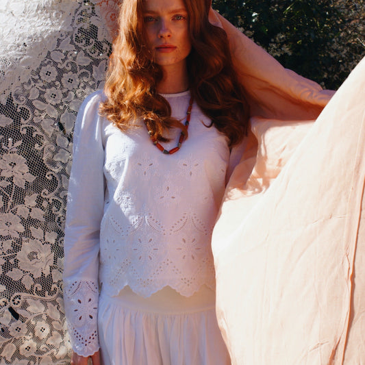 Cecile blouse in white cotton voile with broderie anglaise
