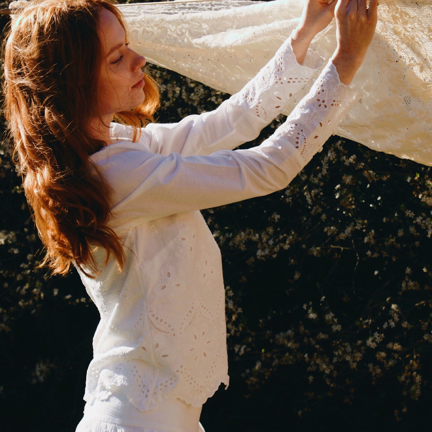 Cecile blouse in white cotton voile with broderie anglaise