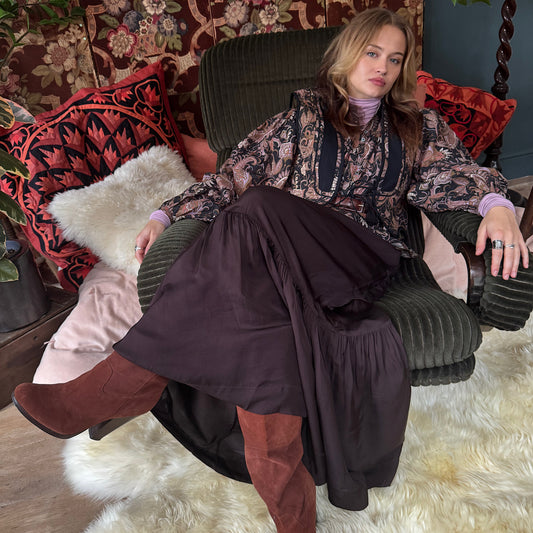 Stella skirt in rich chocolate satin viscose modal with deep frill hem and drawstring waist.