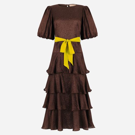 Lou-Lou dress in rich chocolate leopard print jacquard, with contrast belt and tiered skirt.