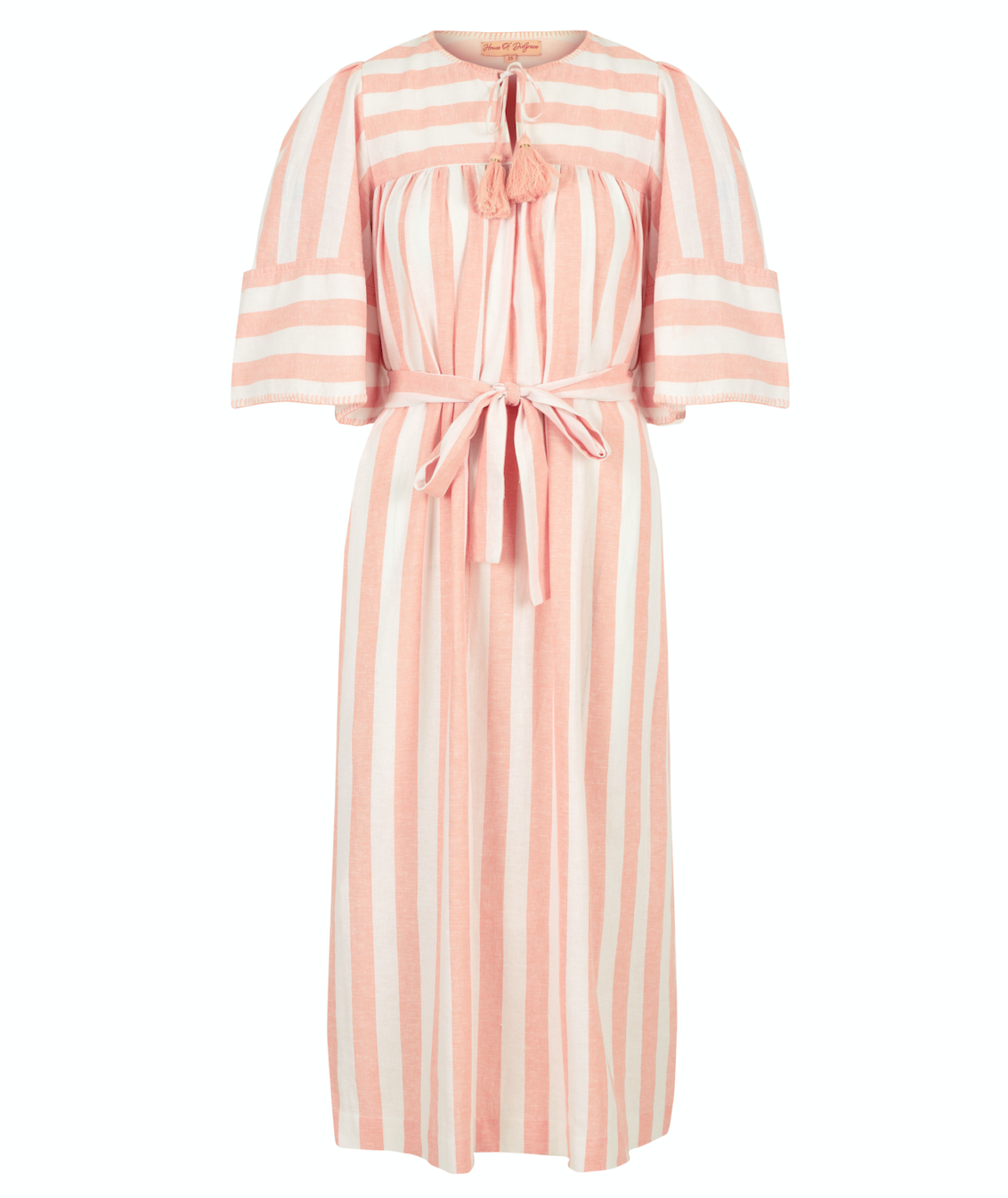 Margot dress in candy striped cotton with angel sleeves and tie belt.