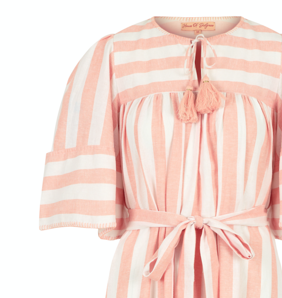 Margot dress in candy striped cotton with angel sleeves and tie belt.