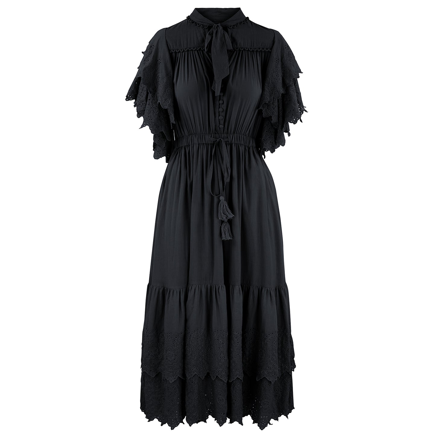 Hand embroidered Fleur Frill Dress in Black