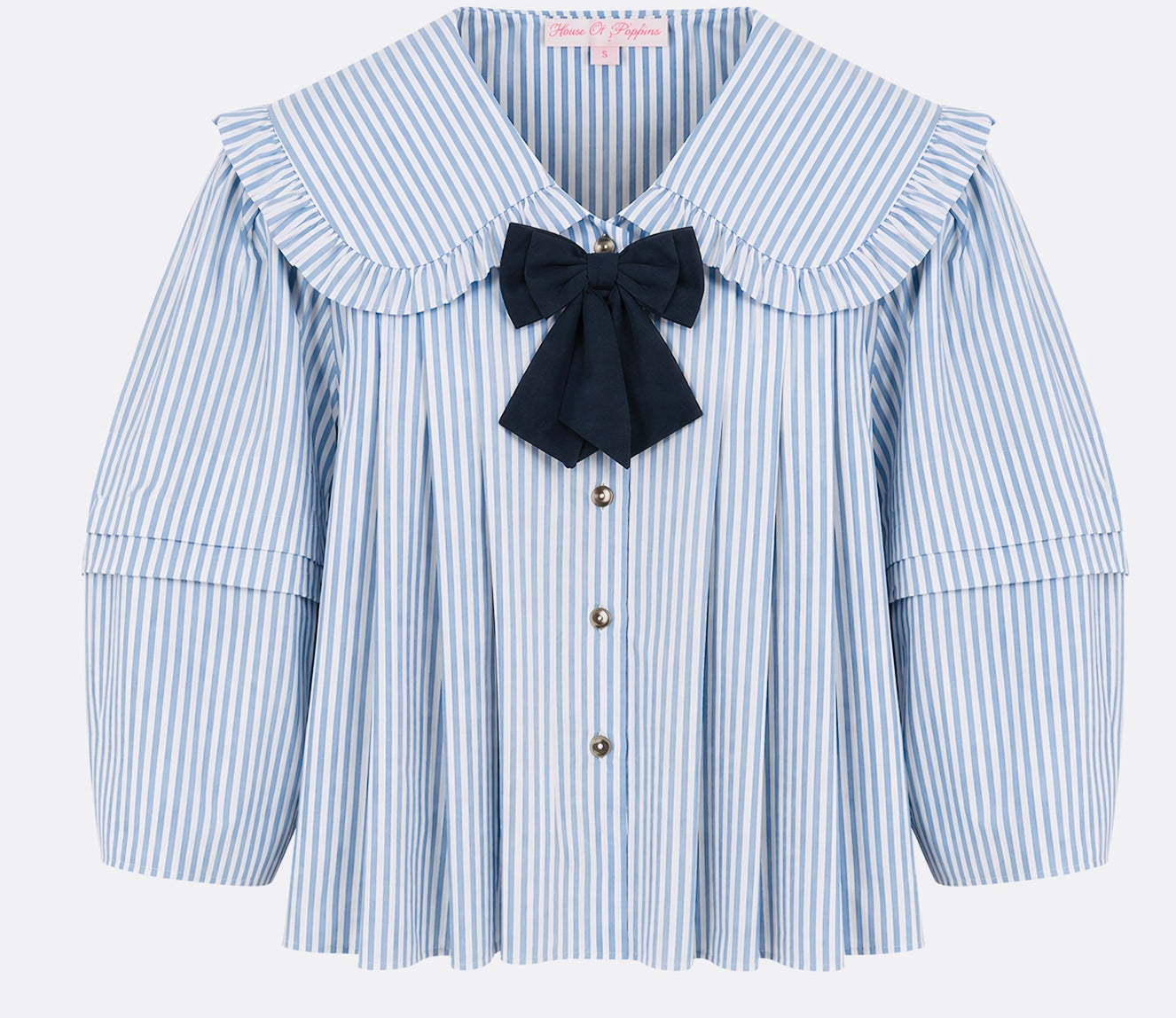 Lila blouse in blue and white striped organic cotton with big peter pan collar and navy detachable bow