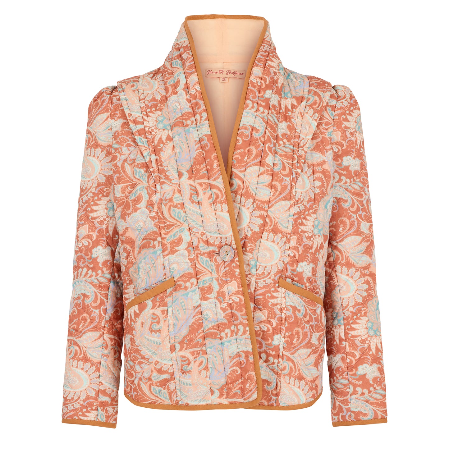 Quilted Harper jacket in our new Summer paisley print with contrast binding