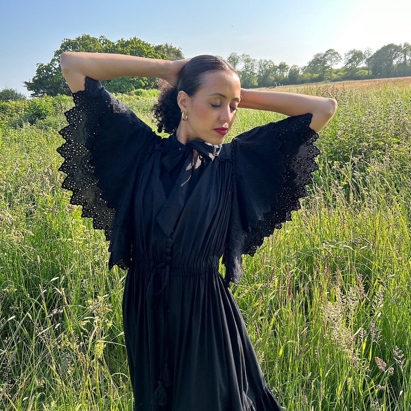 Hand embroidered Fleur Frill Dress in Black