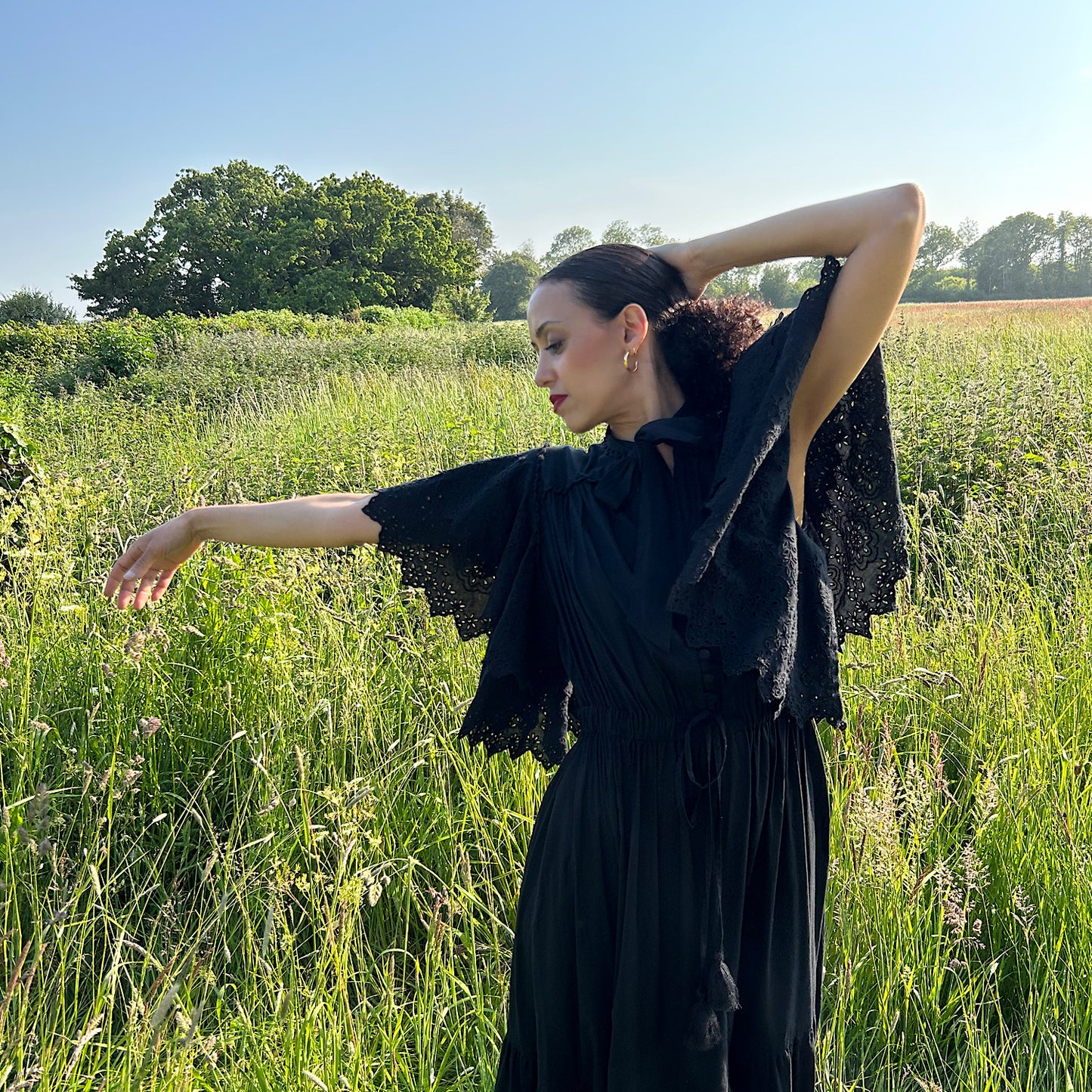 Hand embroidered Fleur Frill Dress in Black