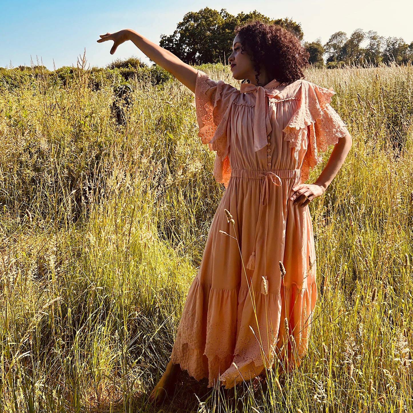 Hand embroidered Fleur Frill Dress in Nectar