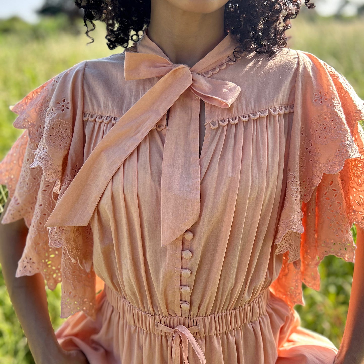 Hand embroidered Fleur Frill Dress in Nectar