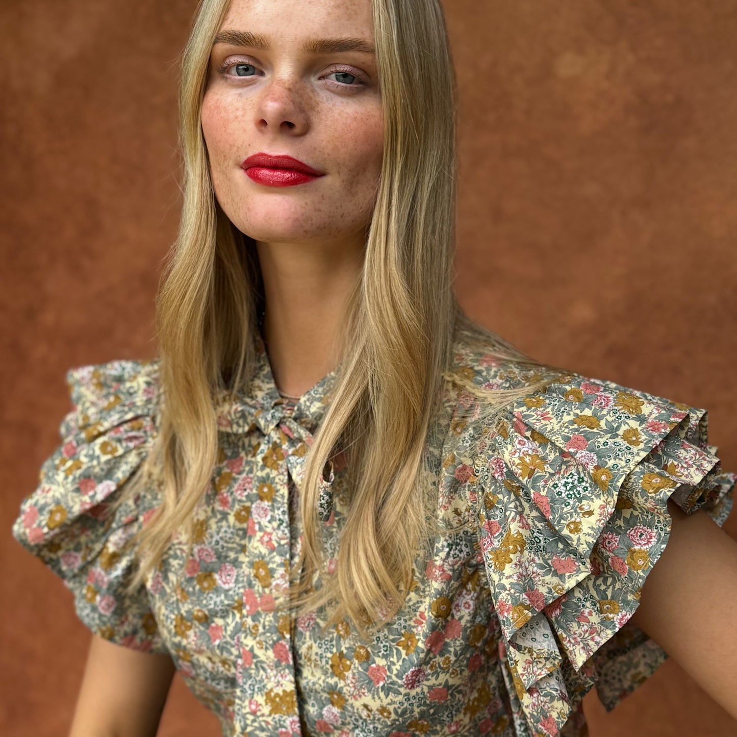 Mia frill blouse in meadow print cotton lawn