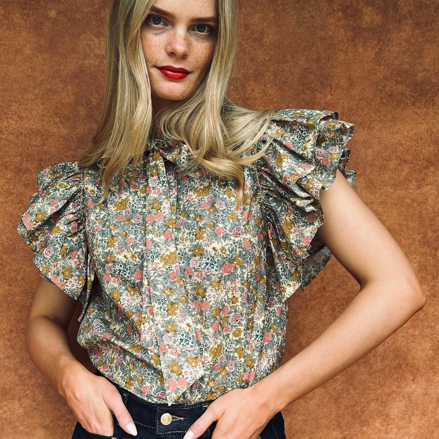 Mia frill blouse in meadow print cotton lawn