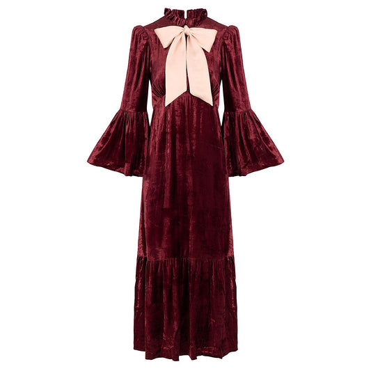 Ophelia dress in burgundy velvet with ballet pink satin tie.