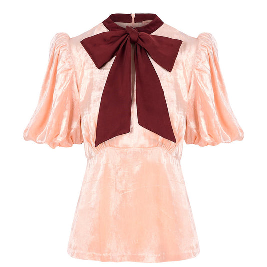 Sophie blouse in ballet pink velvet with contrast tie